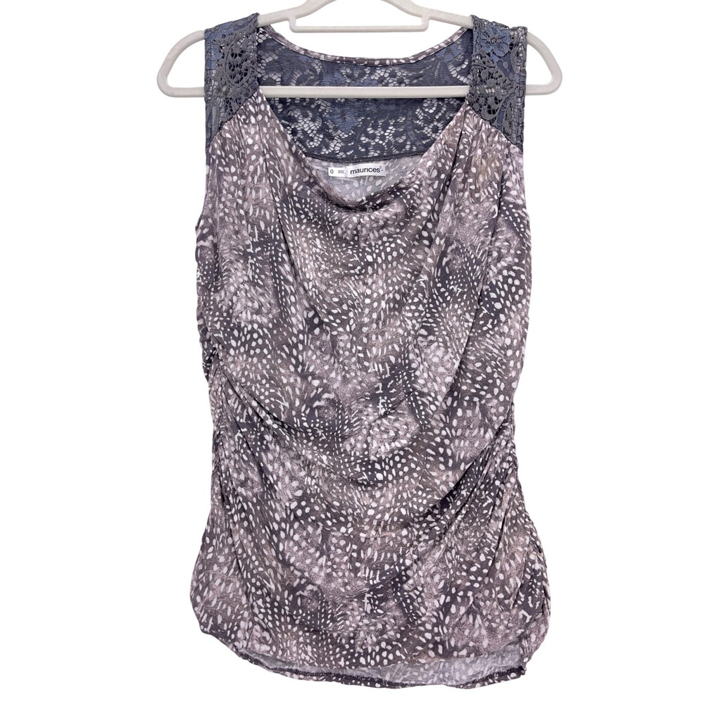 Maurices Gray Animal Print Lace Back Cowl Neck Top 0 Ruched Sides Sleeveless